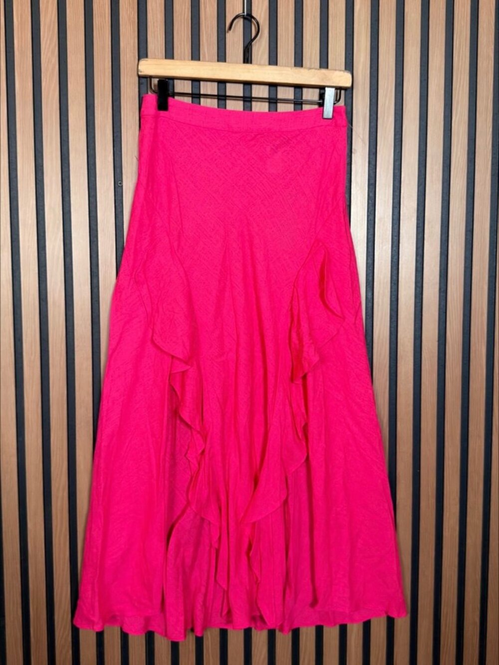 New Lulus Skirt Small Womens Fuscha Pink Linen Cotton Leg Slit Ruffled Trim Midi